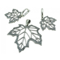 Wisior kolczyki komplet liście liść srebro